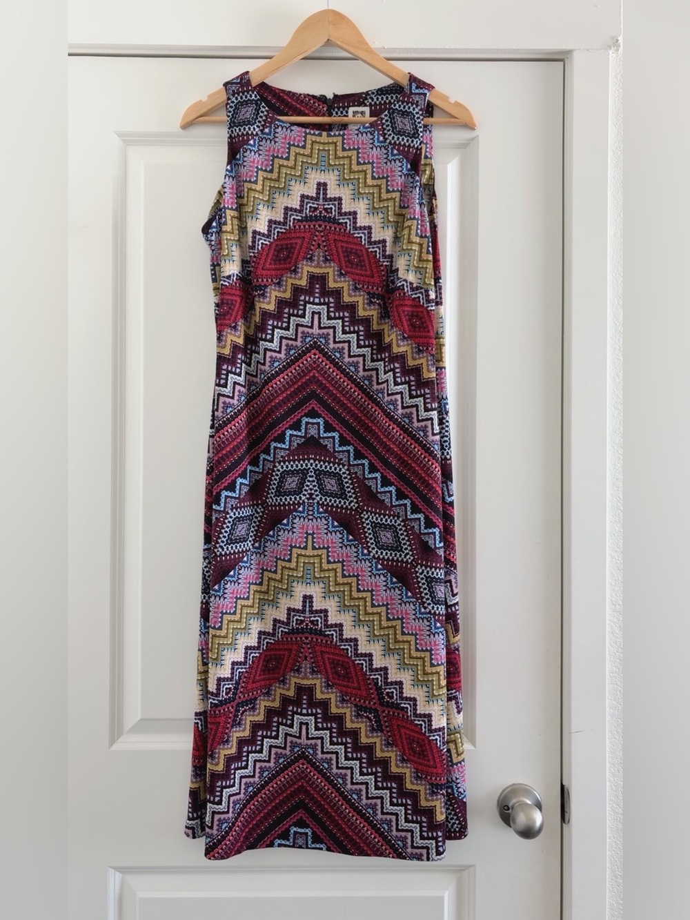 Anne Klein Multicolor Chevron Midi Dress in Red, Yellow, Blue - Picture 3 of 5
